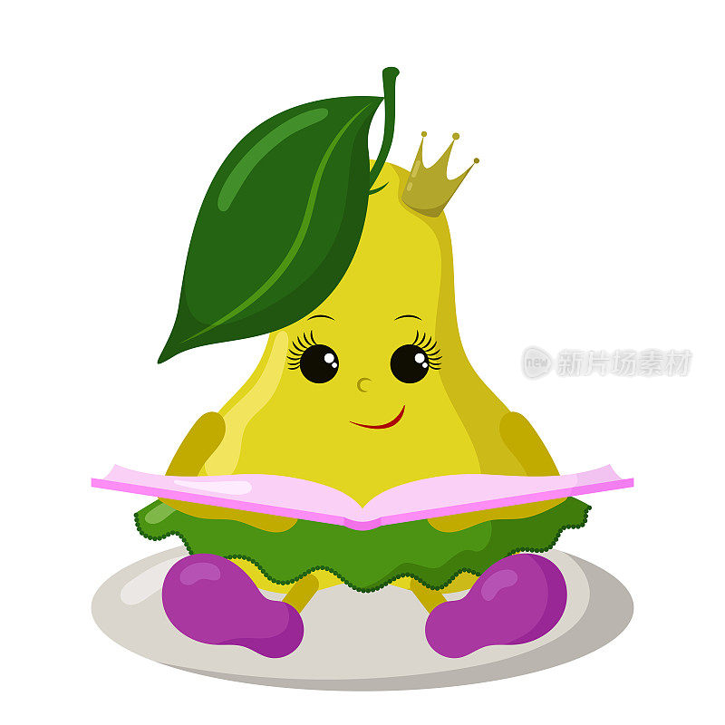 Cute kawaii pear princess with crown, skirt and shoes reading book in doodle style with shadows